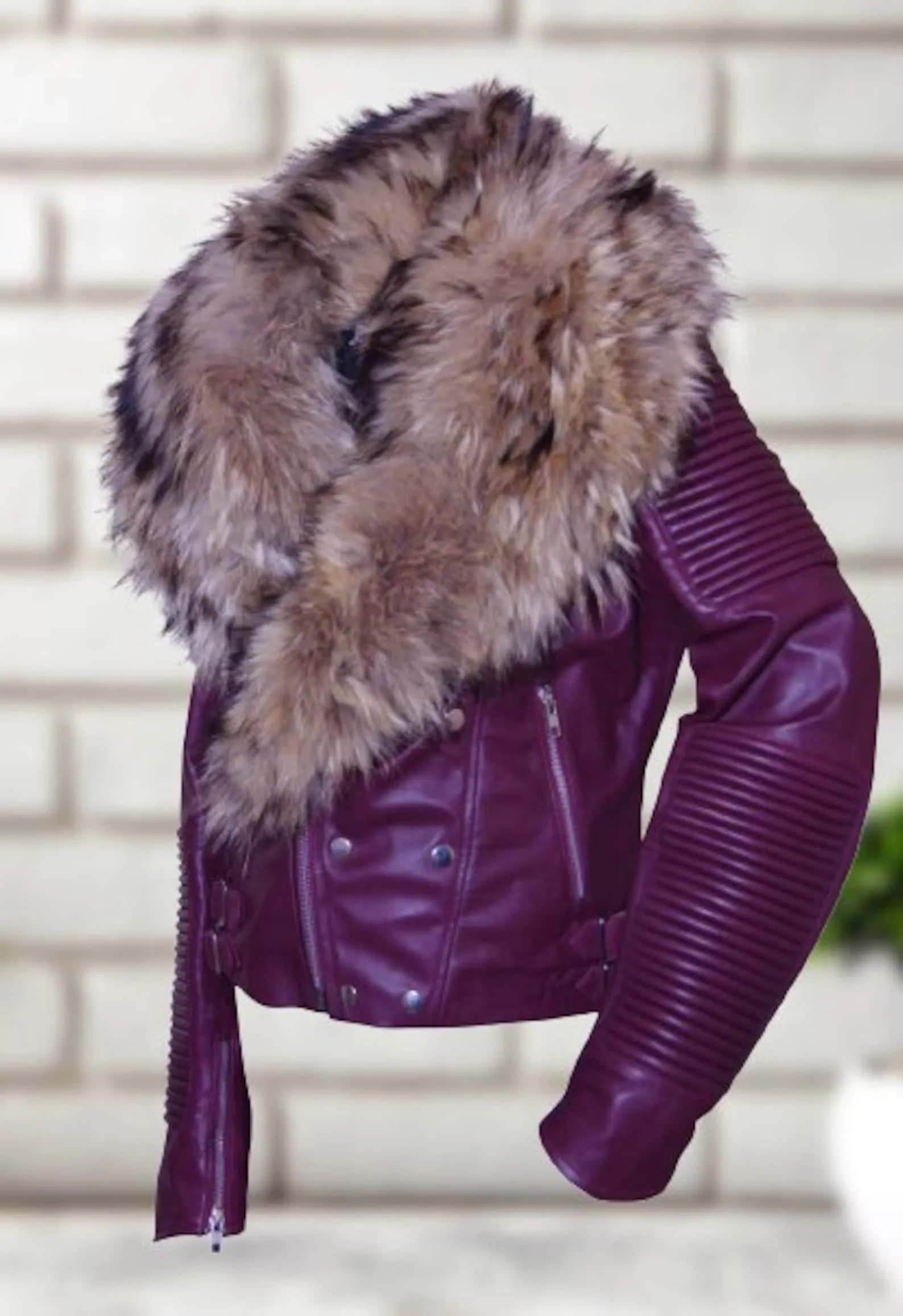 Burgundy Fox Fur Collar Women's Biker Leather Jacket