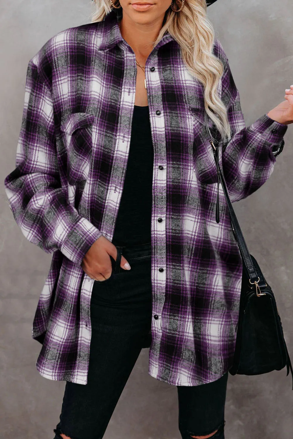 Buttons Pocketed Plaid Shacket