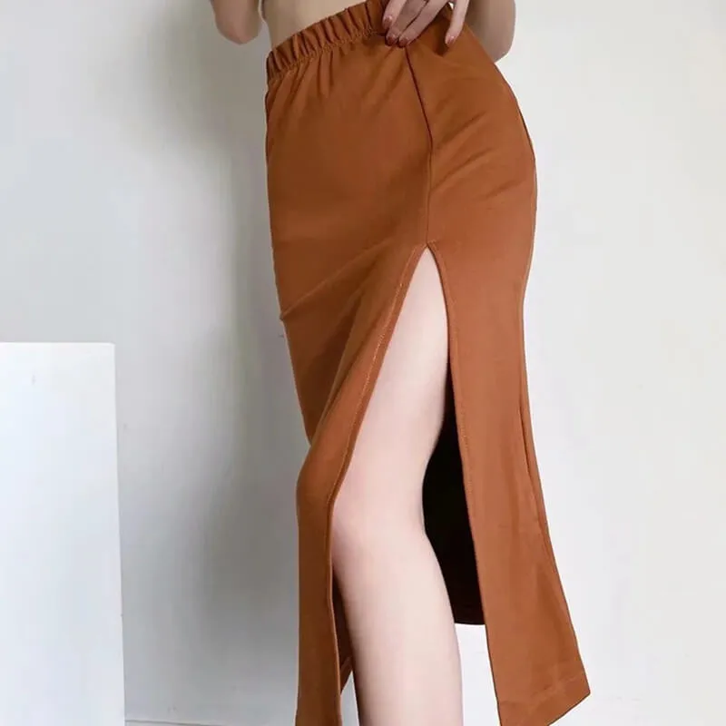 Carmela Fall High Waist Slit Midi Skirt- Black, Caramel