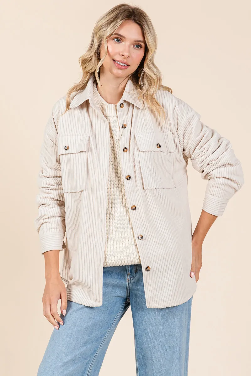 Corduroy Long Sleeve Lapel Button Down Shacket