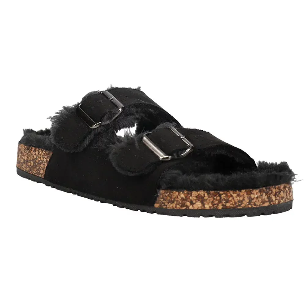 Corkys Women's Laid Back Fuzzy Slip On Sandal - Black 25-2006