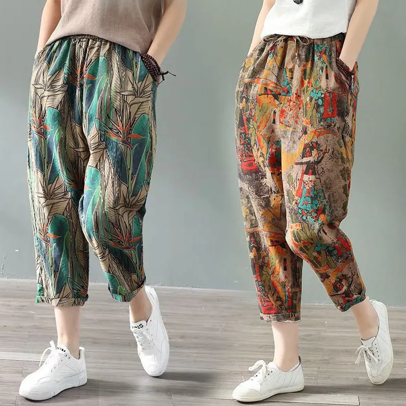 Cotton Blend Wide Leg Pants Women Summer Thin High Waist Loose All-Matching Printed Plus Size Chequered Casual Pants