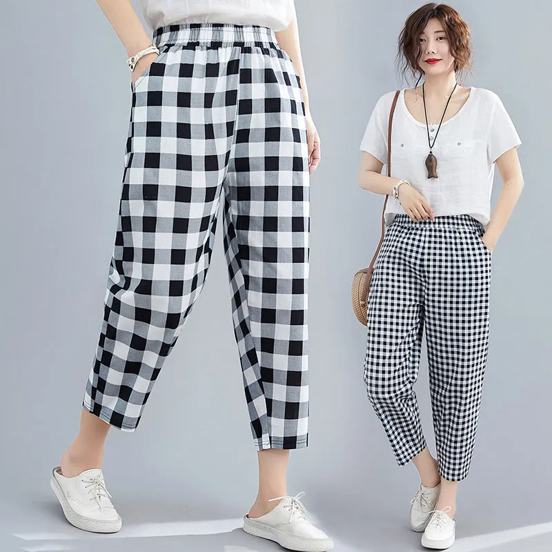 Cotton Blend Wide Leg Pants Women Summer Thin High Waist Loose All-Matching Printed Plus Size Chequered Casual Pants