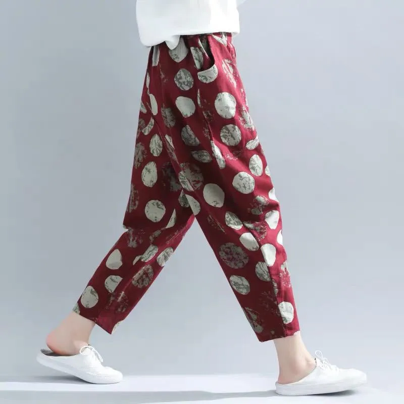 Cotton Blend Wide Leg Pants Women Summer Thin High Waist Loose All-Matching Printed Plus Size Chequered Casual Pants