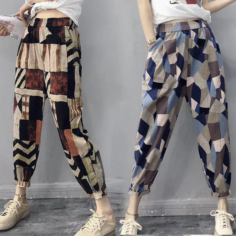 Cotton Blend Wide Leg Pants Women Summer Thin High Waist Loose All-Matching Printed Plus Size Chequered Casual Pants