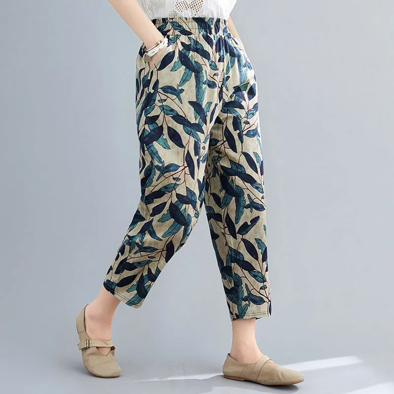 Cotton Blend Wide Leg Pants Women Summer Thin High Waist Loose All-Matching Printed Plus Size Chequered Casual Pants