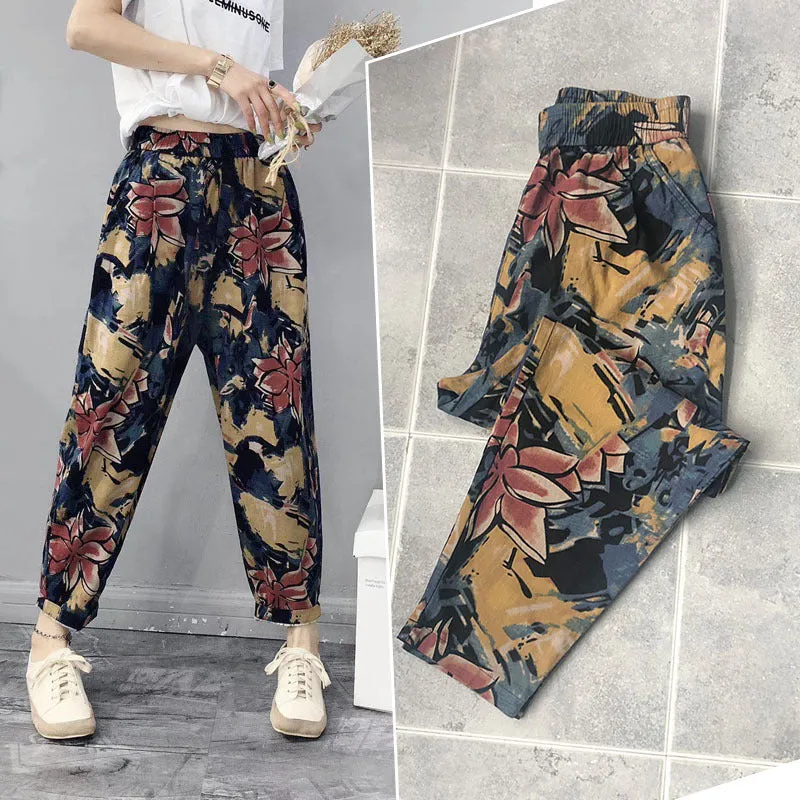 Cotton Blend Wide Leg Pants Women Summer Thin High Waist Loose All-Matching Printed Plus Size Chequered Casual Pants