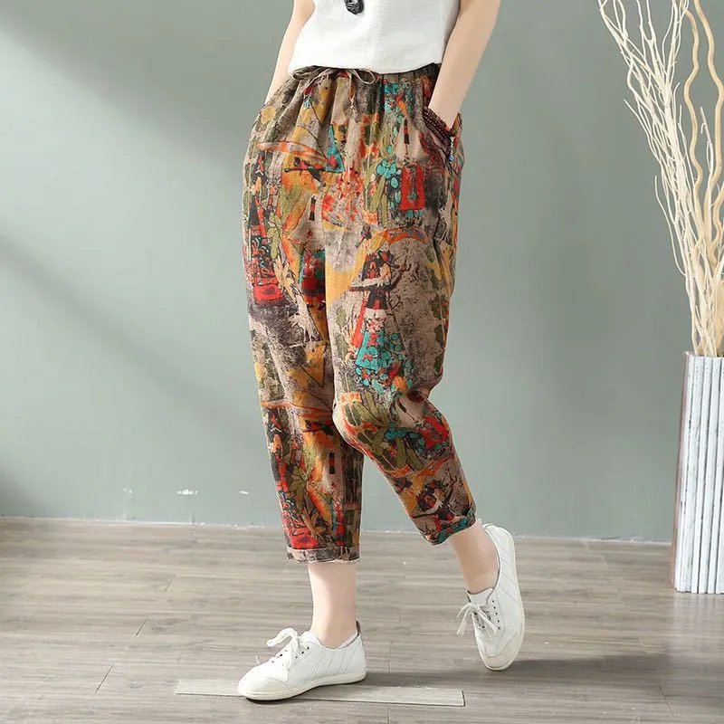 Cotton Blend Wide Leg Pants Women Summer Thin High Waist Loose All-Matching Printed Plus Size Chequered Casual Pants