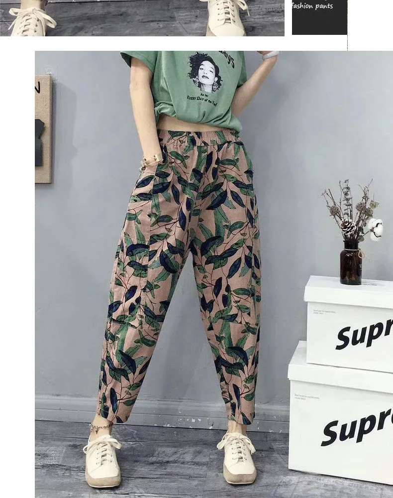 Cotton Blend Wide Leg Pants Women Summer Thin High Waist Loose All-Matching Printed Plus Size Chequered Casual Pants