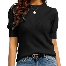 Custom Black O-neck Women’s Knitted Sweater - Short Sleeve Ribbed Knit