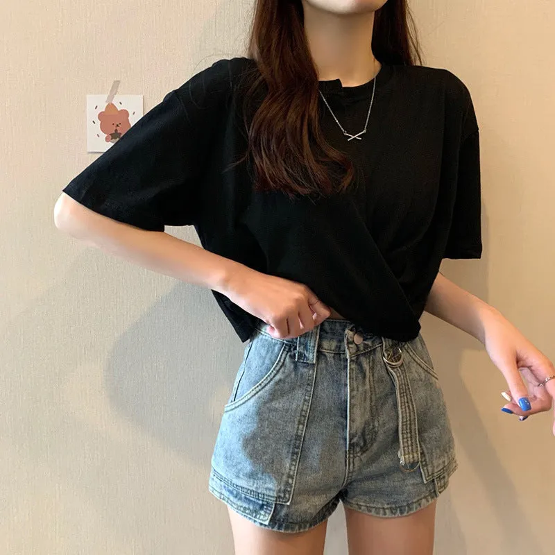 Designer splicing asymmetric twisted ruffled T-shirt high waist crop top tee instafashion for women