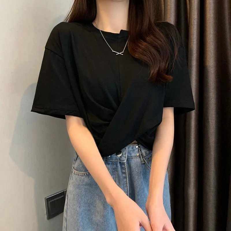 Designer splicing asymmetric twisted ruffled T-shirt high waist crop top tee instafashion for women