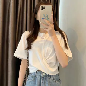 Designer splicing asymmetric twisted ruffled T-shirt high waist crop top tee instafashion for women