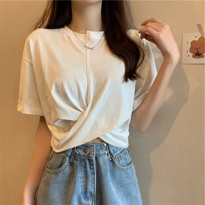 Designer splicing asymmetric twisted ruffled T-shirt high waist crop top tee instafashion for women