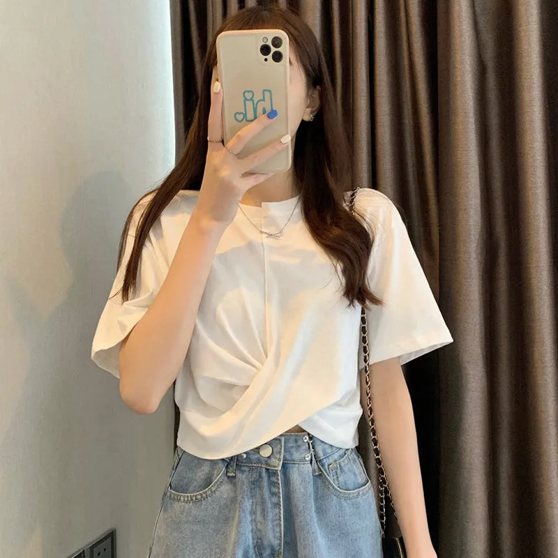 Designer splicing asymmetric twisted ruffled T-shirt high waist crop top tee instafashion for women