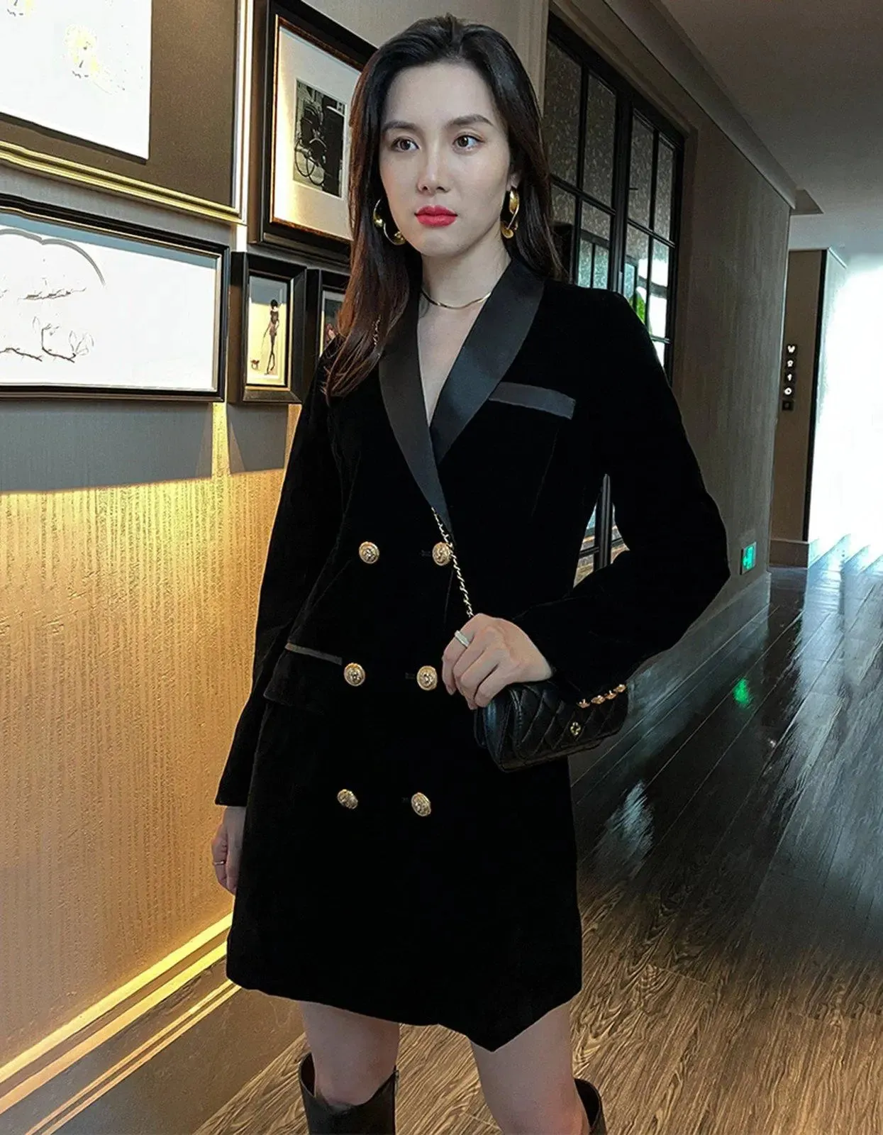 Double Breasted Slim Velvet Blazer Dress