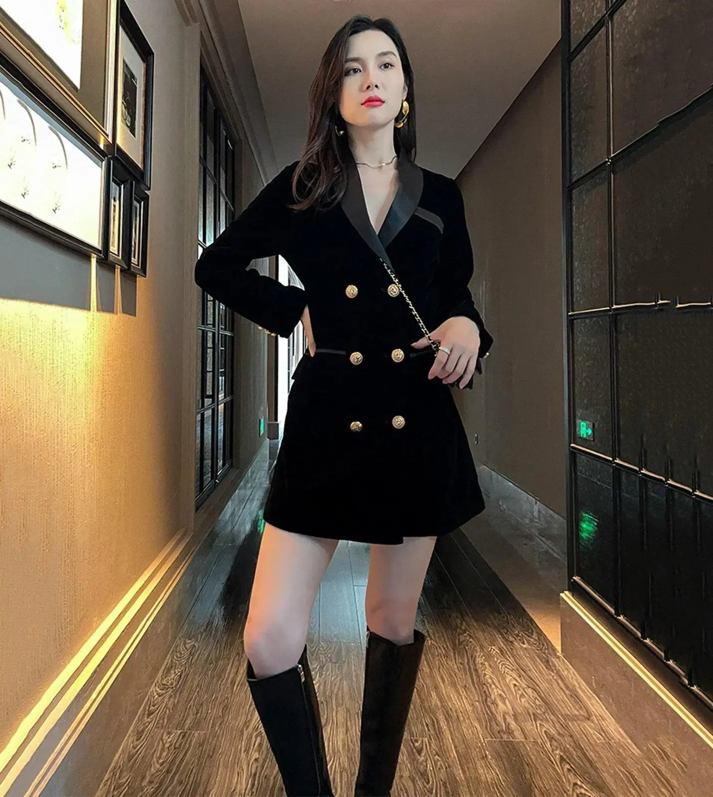 Double Breasted Slim Velvet Blazer Dress