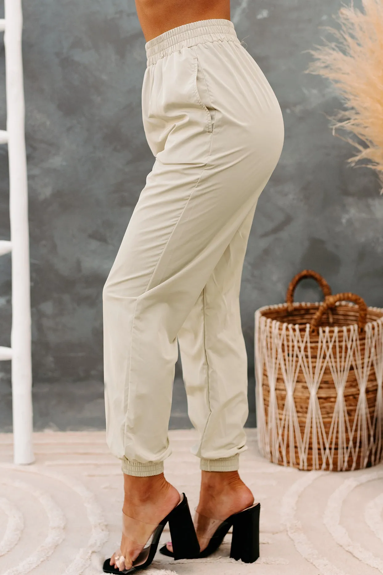 Dreena High Waisted Nylon Joggers (Beige)