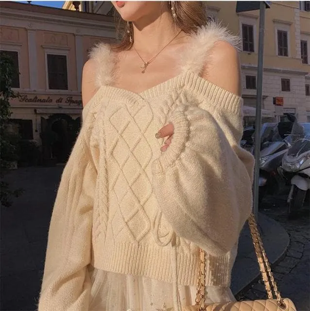 DressBetty - Off-the-shoulder Sweater Ladies Sexy Autumn Winter Elegant Soft Lace Puff Sleeve Knitted Sweater Woman Italy Pull Crop Top