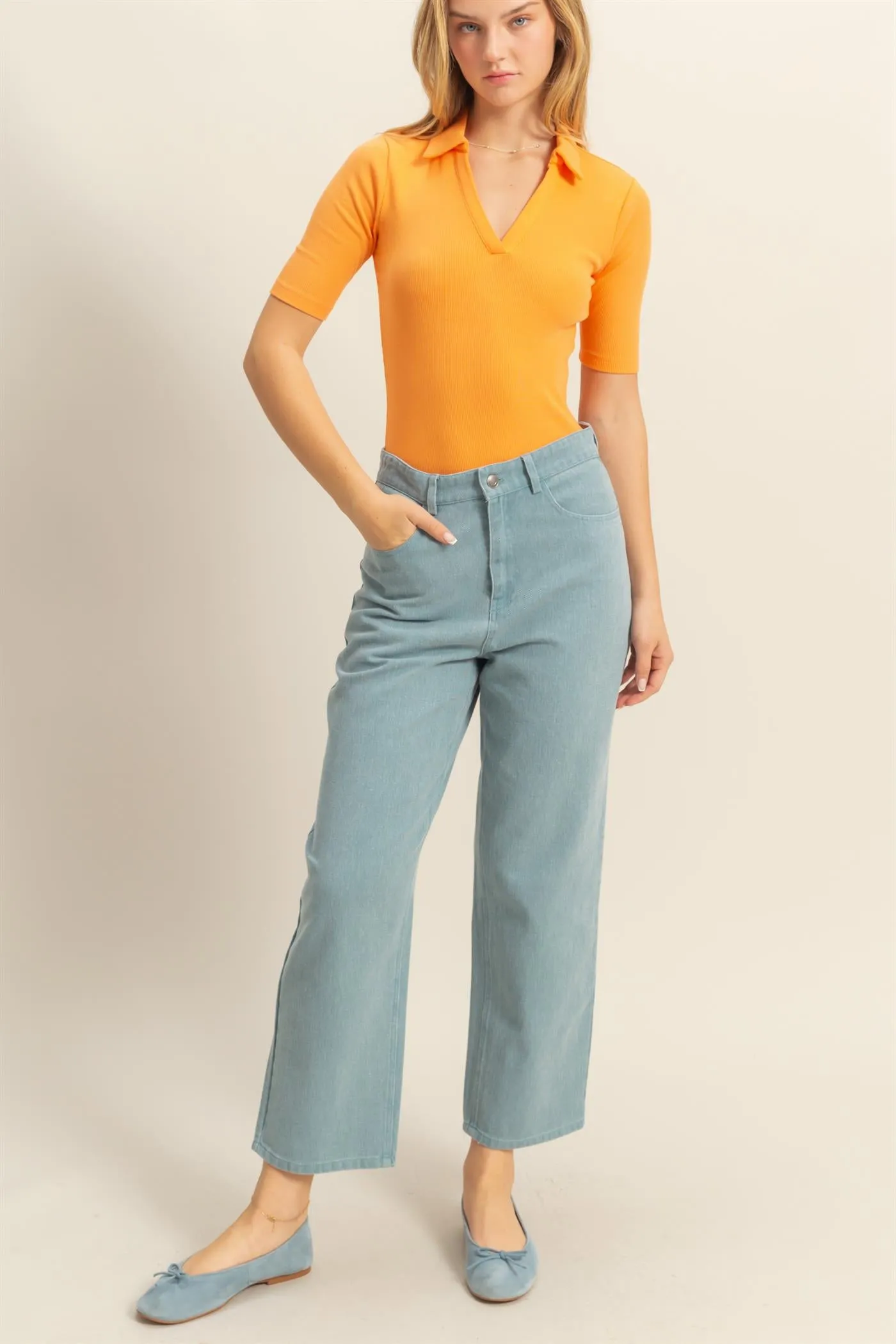 DZ25C550-Washed Denim High Waist Straight Pants