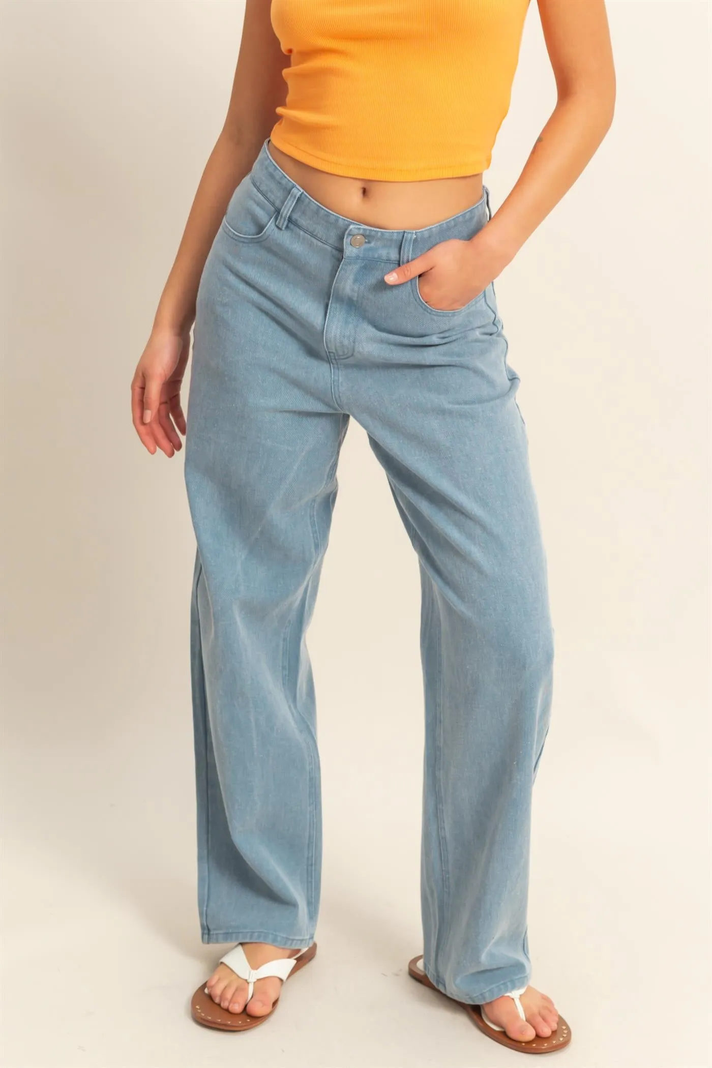 DZ25C550-Washed Denim High Waist Straight Pants