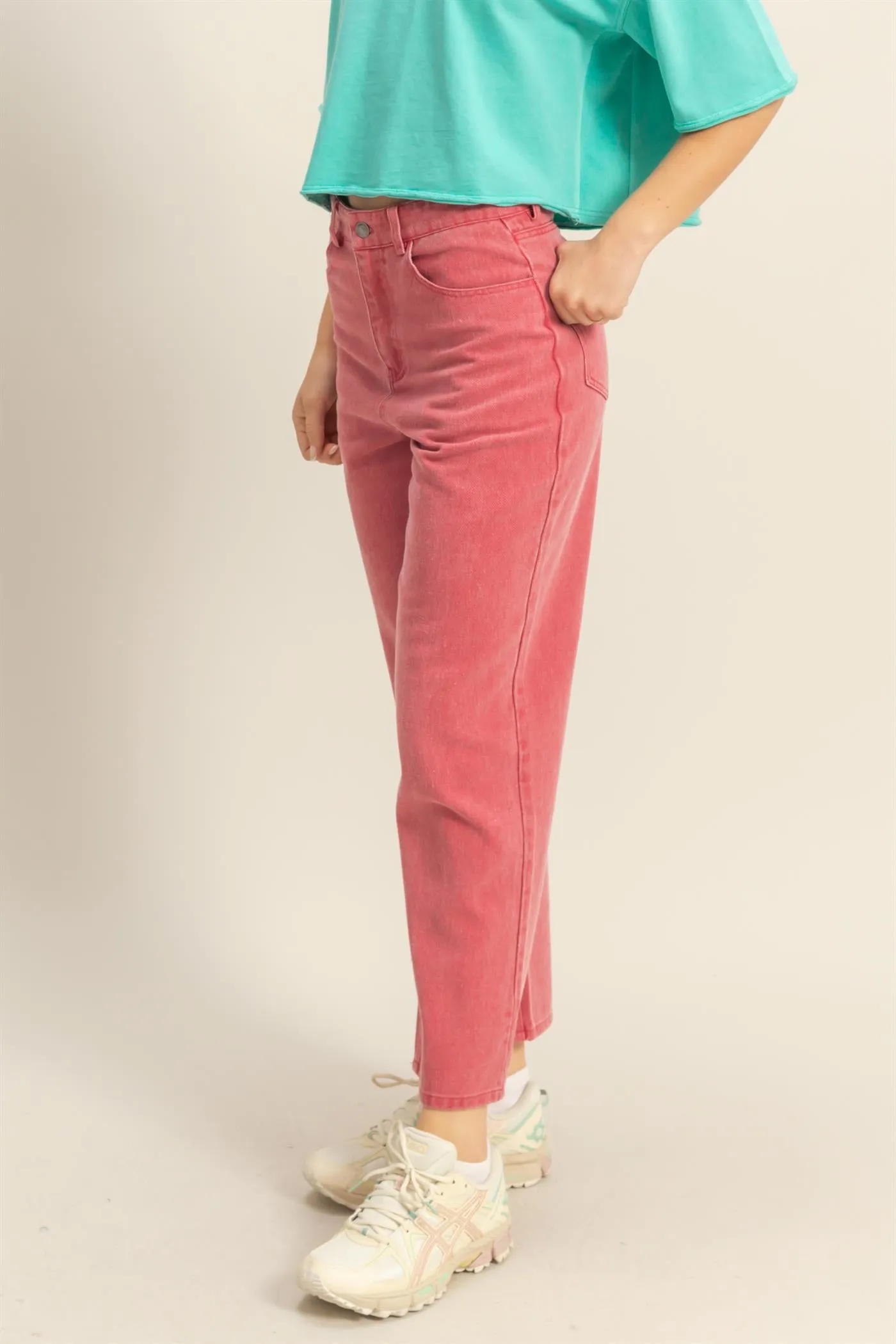 DZ25C550-Washed Denim High Waist Straight Pants