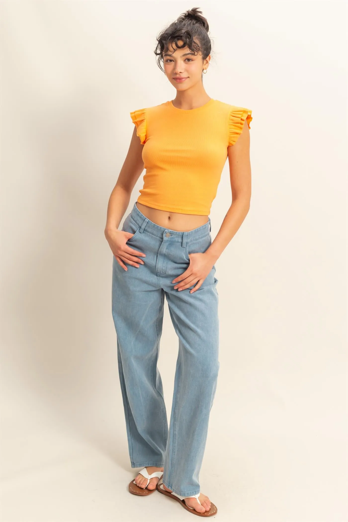 DZ25C550-Washed Denim High Waist Straight Pants