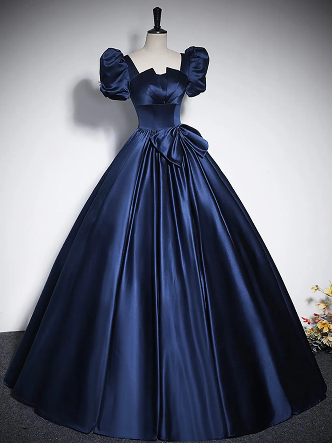 Elegant Blue Satin Floor-Length Prom Dresses, Square Neckline Puffy Short Sleeve Bow Formal Dresses