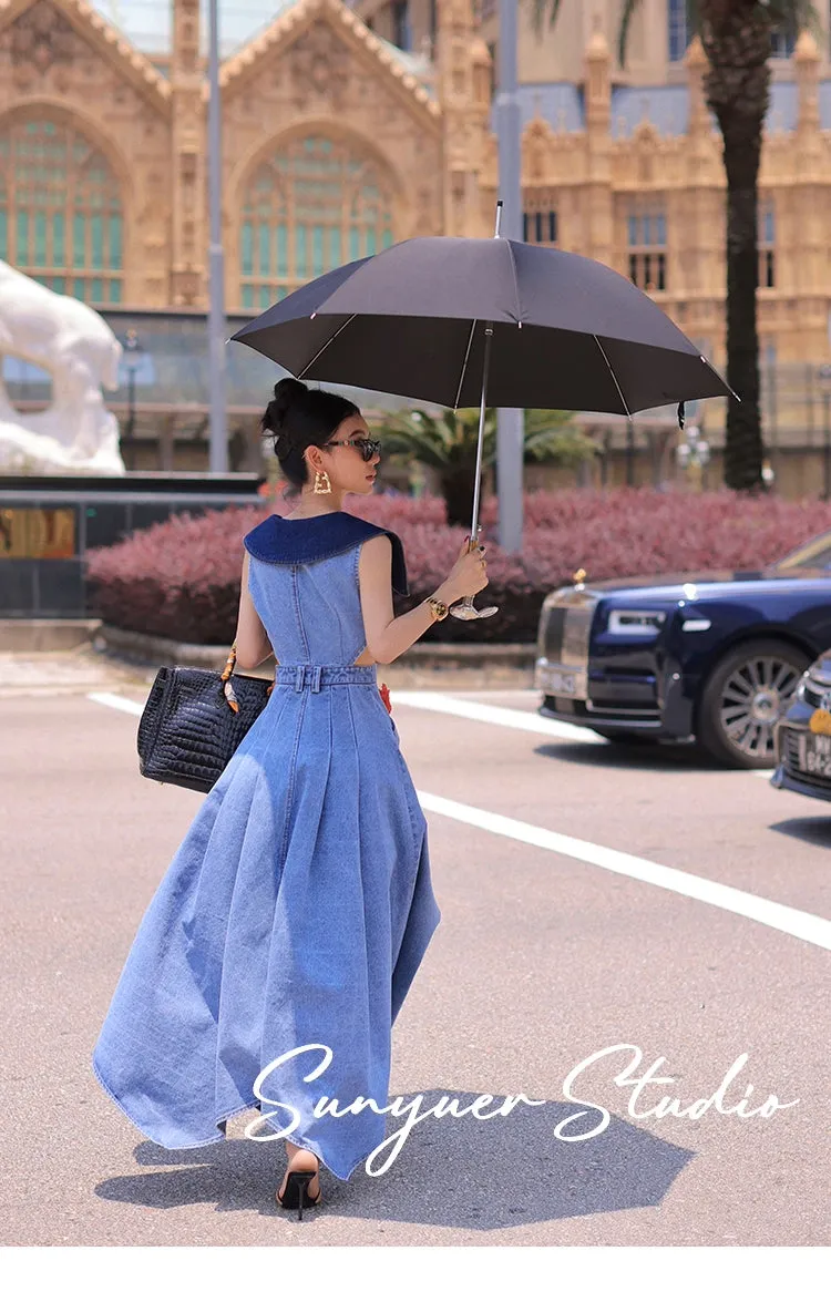 Elegant denim large lapel collar, cut out waist summer slit long dress - Willow