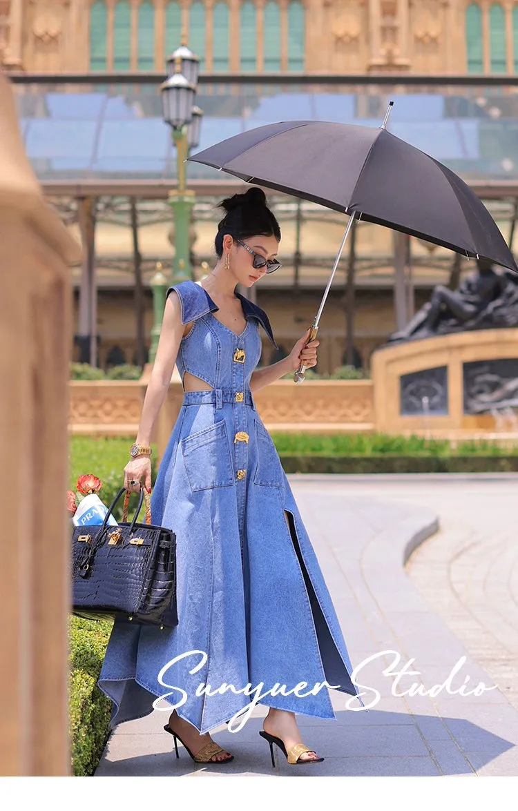 Elegant denim large lapel collar, cut out waist summer slit long dress - Willow