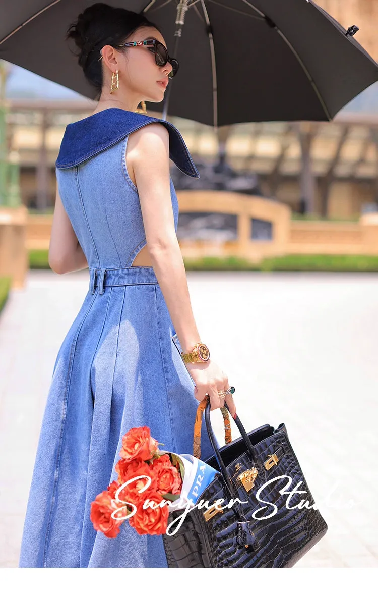 Elegant denim large lapel collar, cut out waist summer slit long dress - Willow