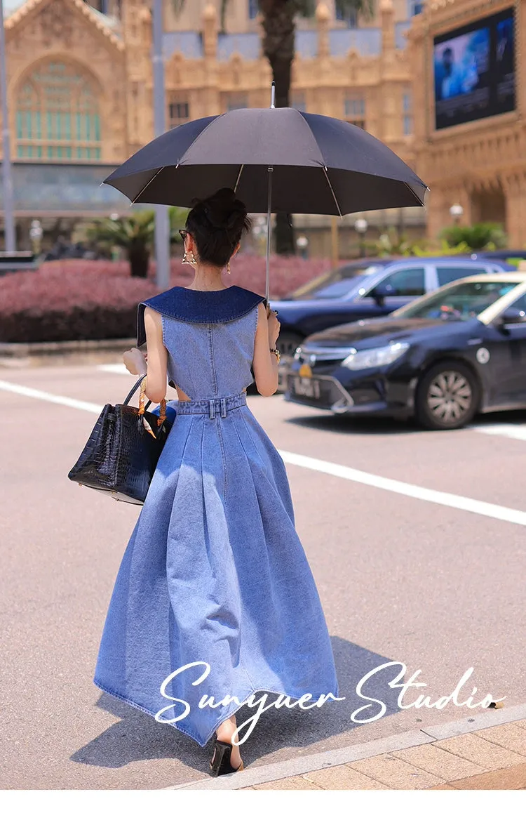 Elegant denim large lapel collar, cut out waist summer slit long dress - Willow