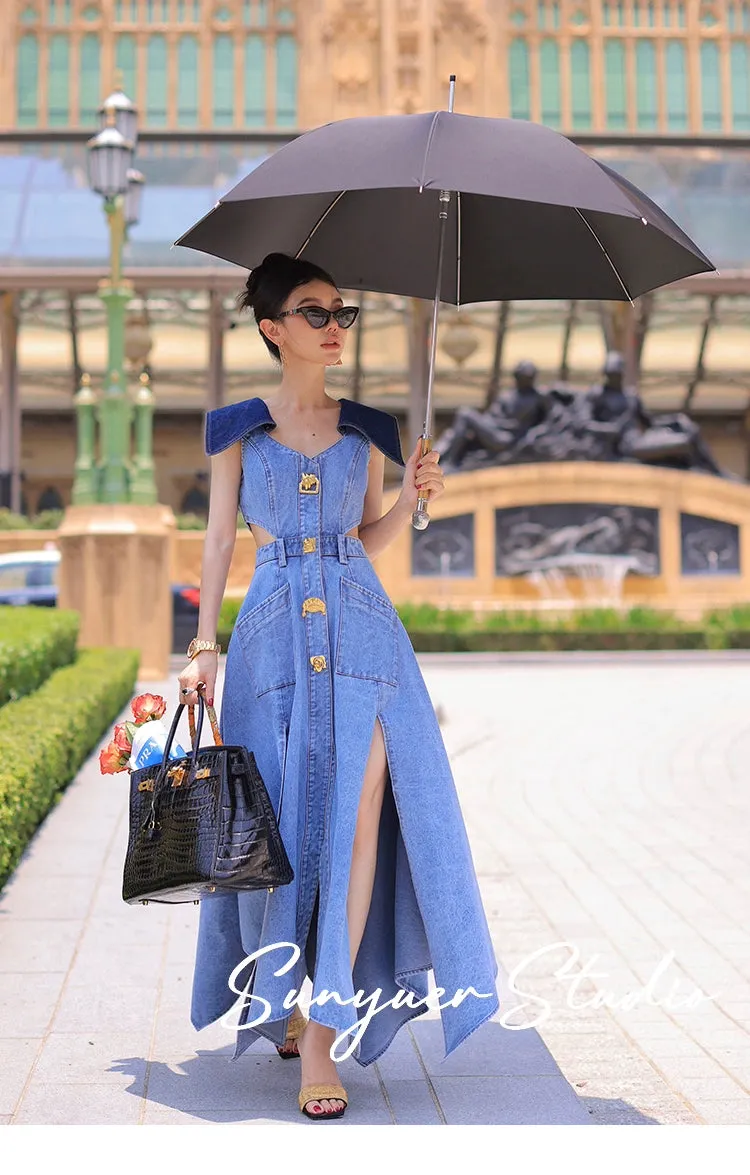 Elegant denim large lapel collar, cut out waist summer slit long dress - Willow