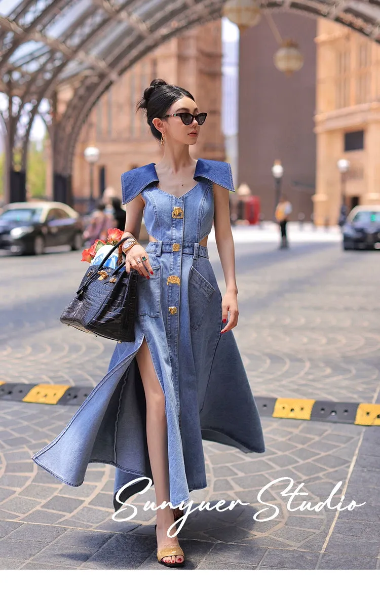 Elegant denim large lapel collar, cut out waist summer slit long dress - Willow