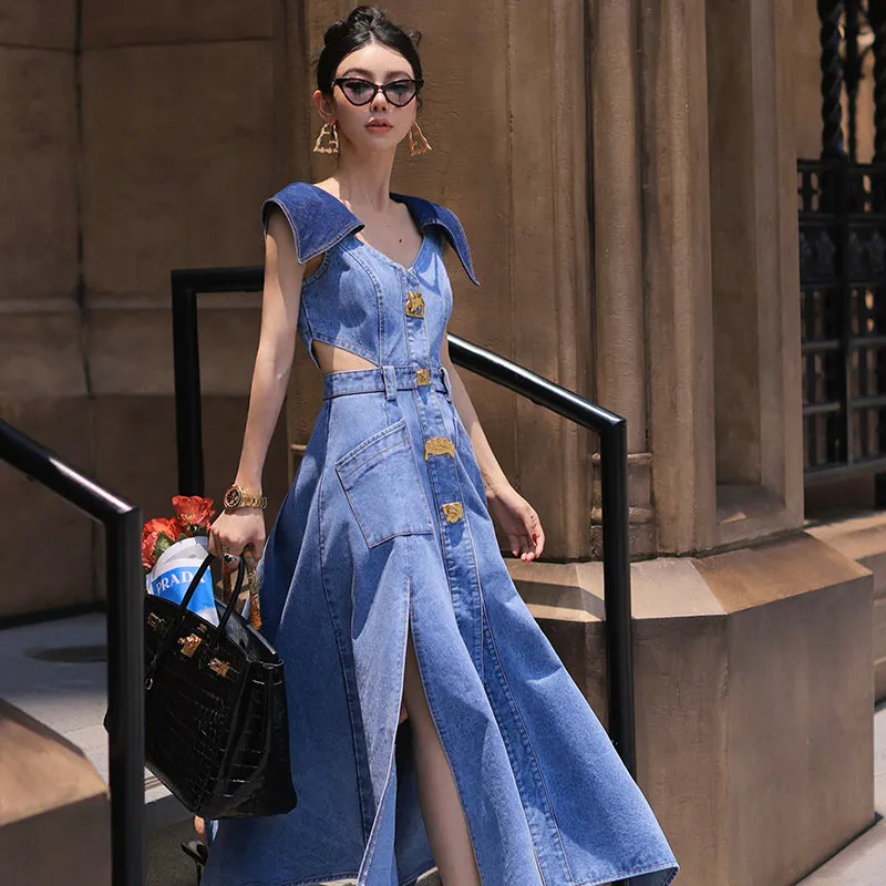 Elegant denim large lapel collar, cut out waist summer slit long dress - Willow