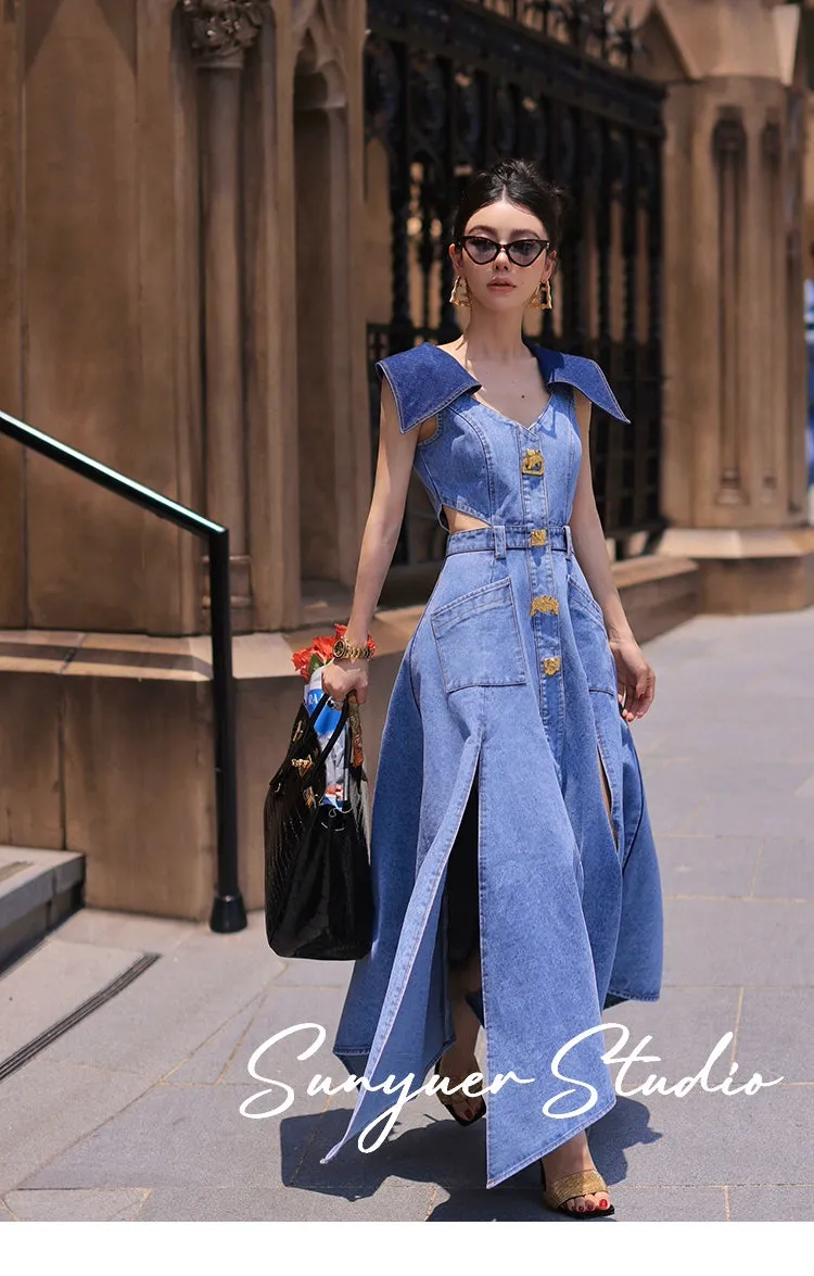 Elegant denim large lapel collar, cut out waist summer slit long dress - Willow