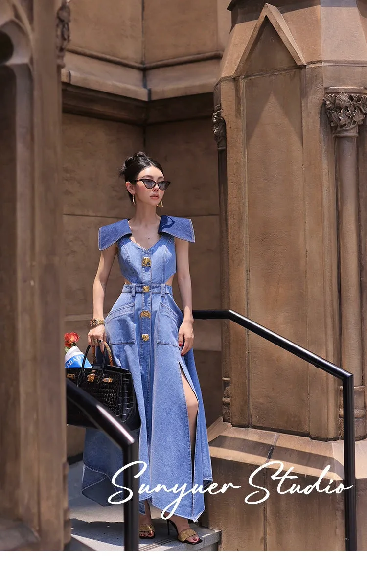 Elegant denim large lapel collar, cut out waist summer slit long dress - Willow