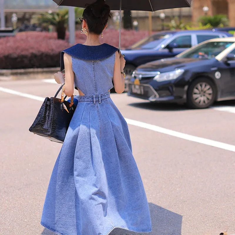 Elegant denim large lapel collar, cut out waist summer slit long dress - Willow