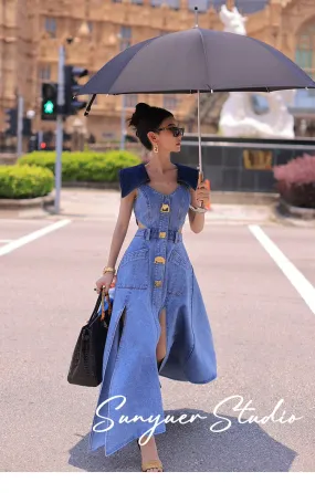 Elegant denim large lapel collar, cut out waist summer slit long dress - Willow