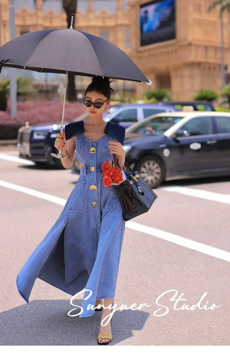 Elegant denim large lapel collar, cut out waist summer slit long dress - Willow