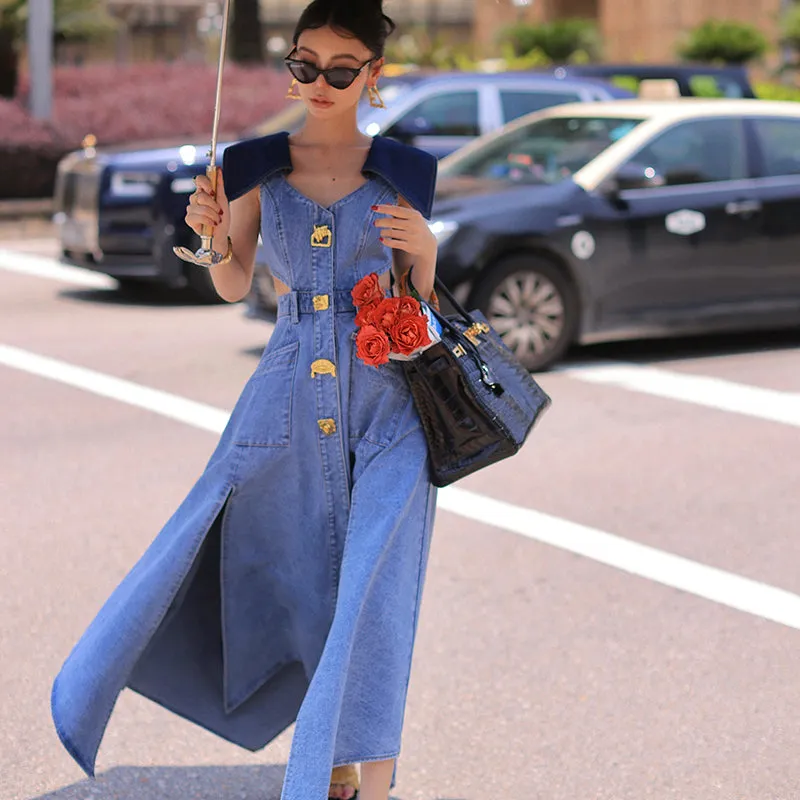 Elegant denim large lapel collar, cut out waist summer slit long dress - Willow