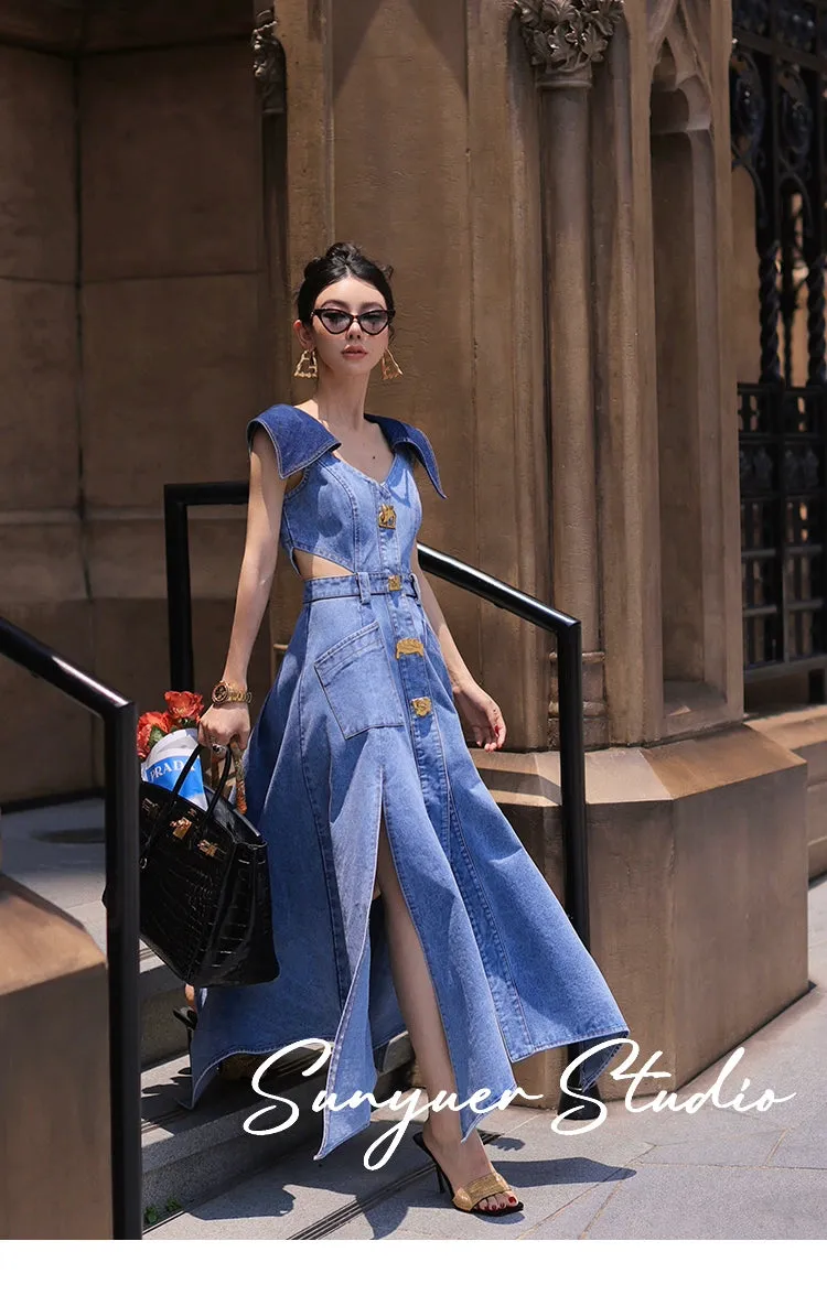 Elegant denim large lapel collar, cut out waist summer slit long dress - Willow