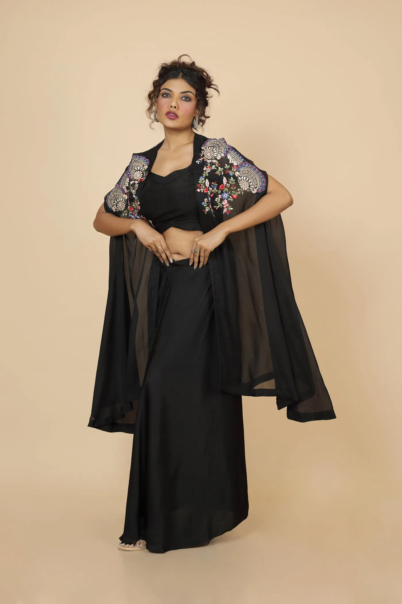 Embroidered Cape  With Crop Top And Drape Skirt