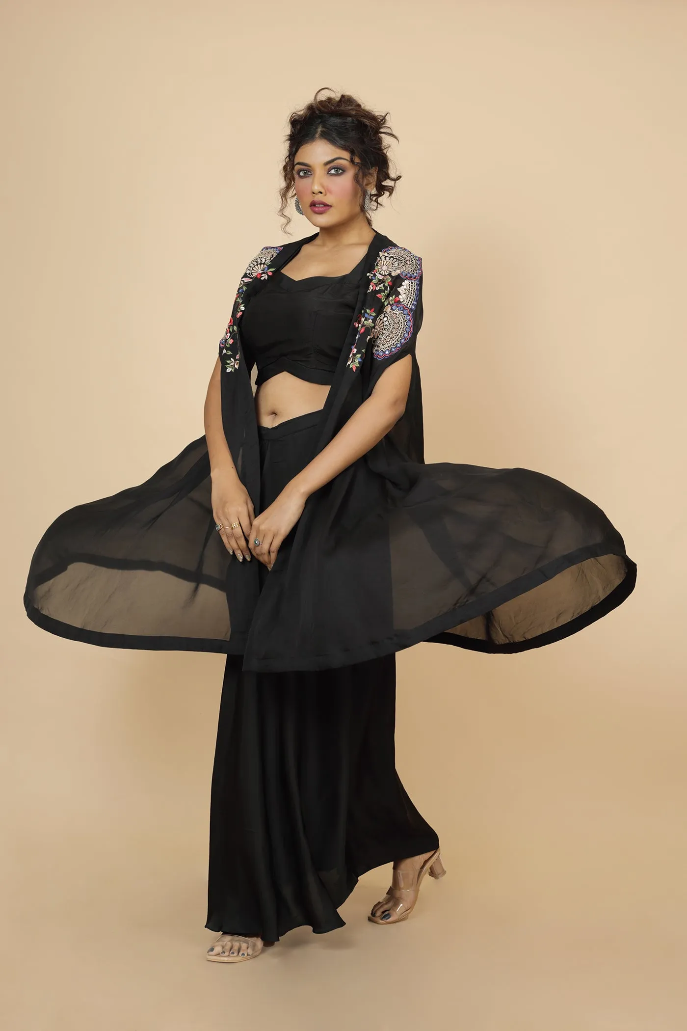 Embroidered Cape  With Crop Top And Drape Skirt