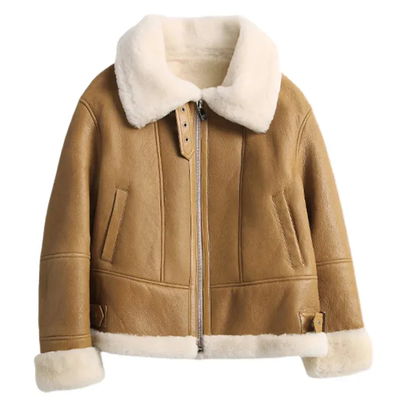 Fashion Shearling Genuine Leather Bomber Jacket for Women (3 colors)