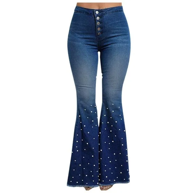 FashionSierra - Women High Waist Flare Jeans Button Tassel Pants