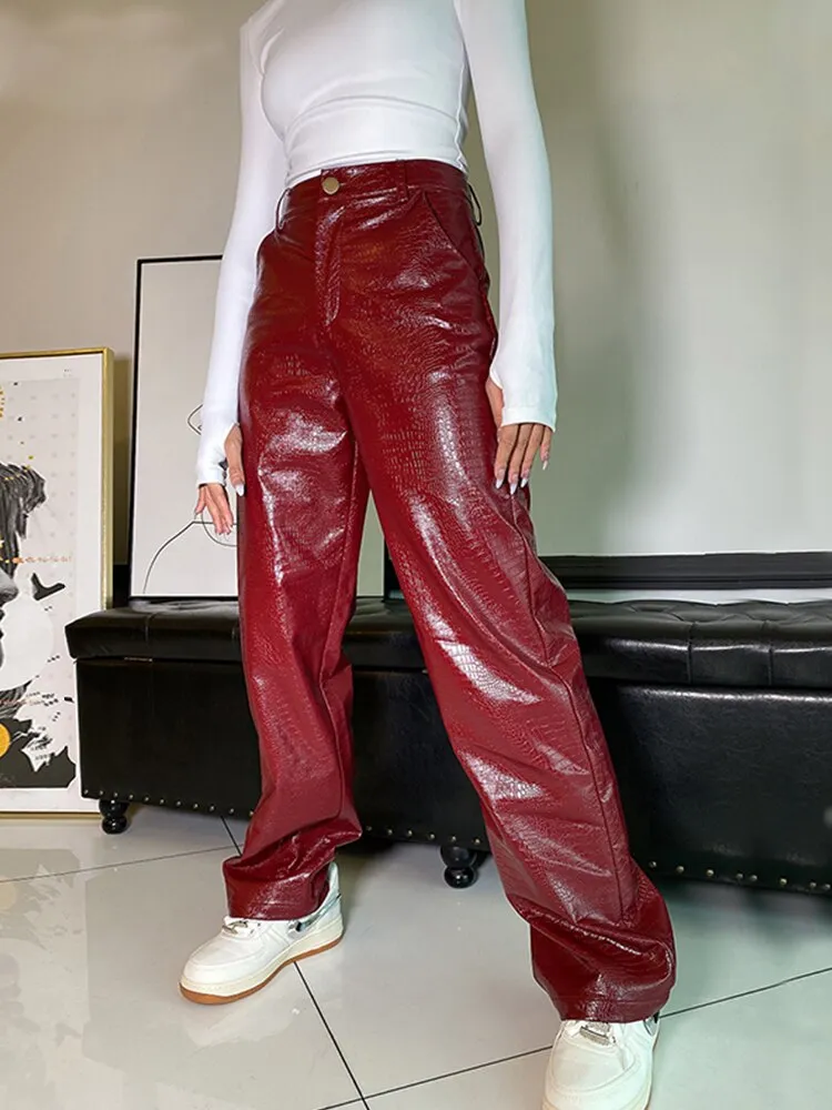 Faux Leather Pants Women's Loose Pants High Waist Lady