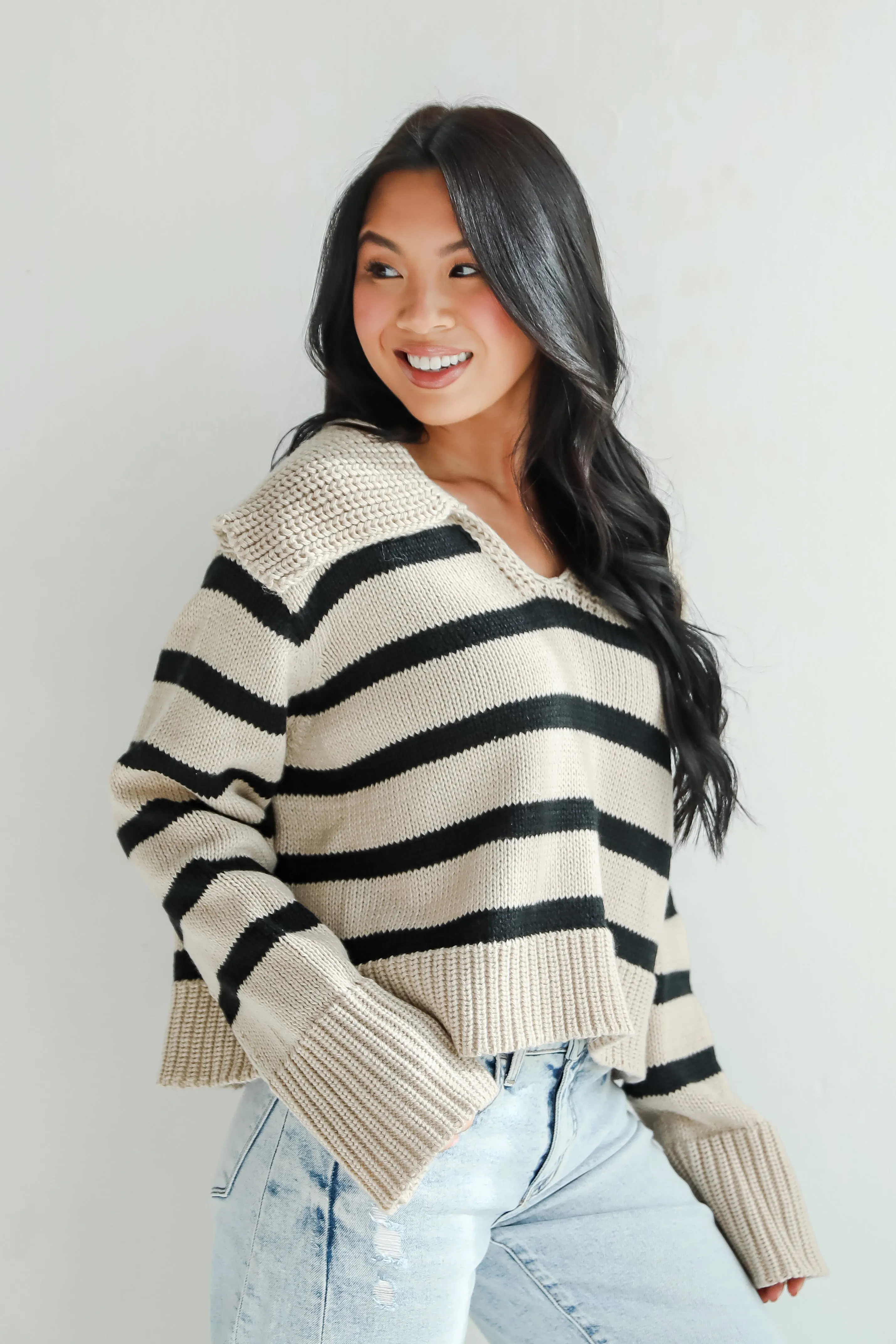 FINAL SALE - Coziest Cuddles Beige Striped Collared Sweater