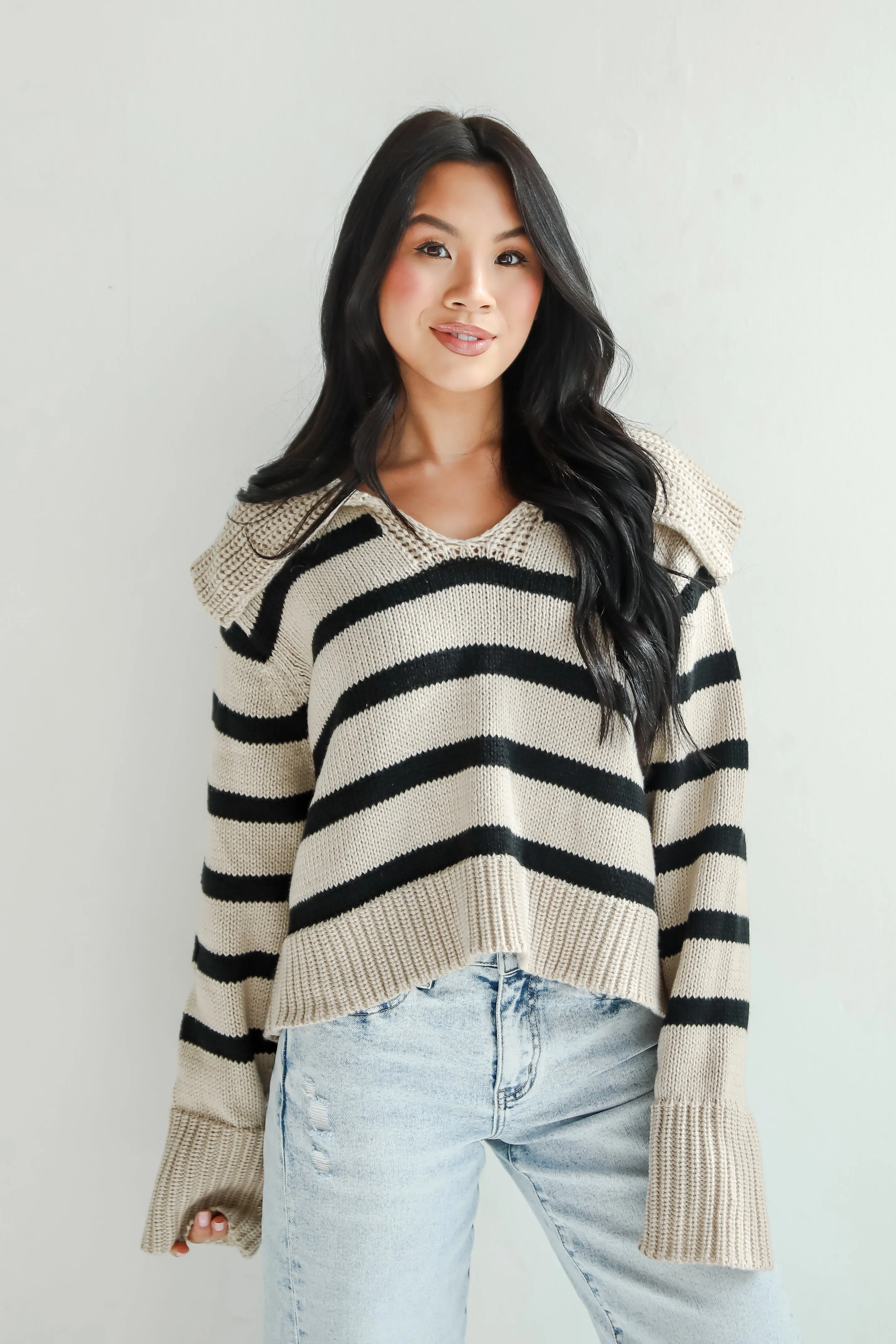 FINAL SALE - Coziest Cuddles Beige Striped Collared Sweater