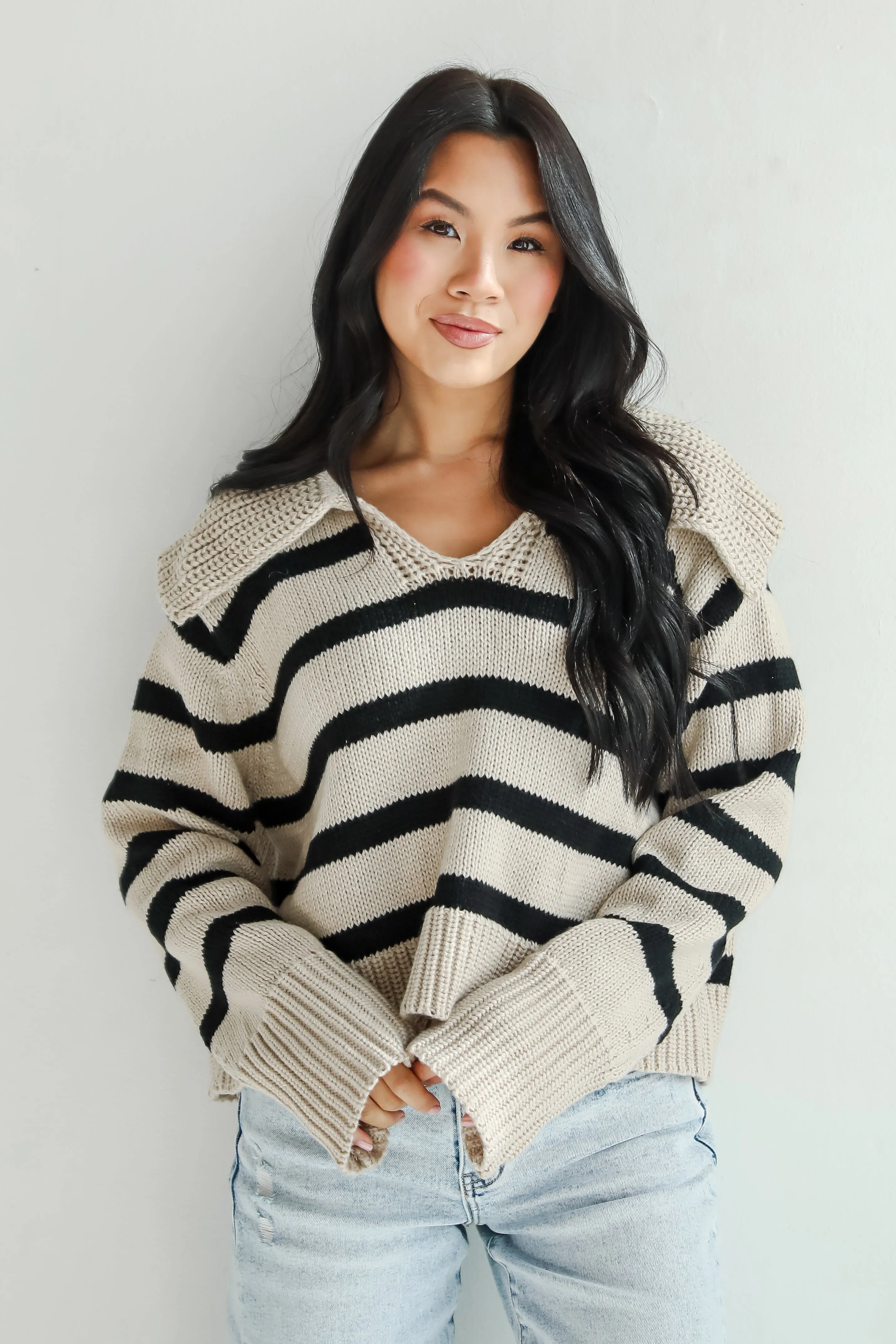 FINAL SALE - Coziest Cuddles Beige Striped Collared Sweater